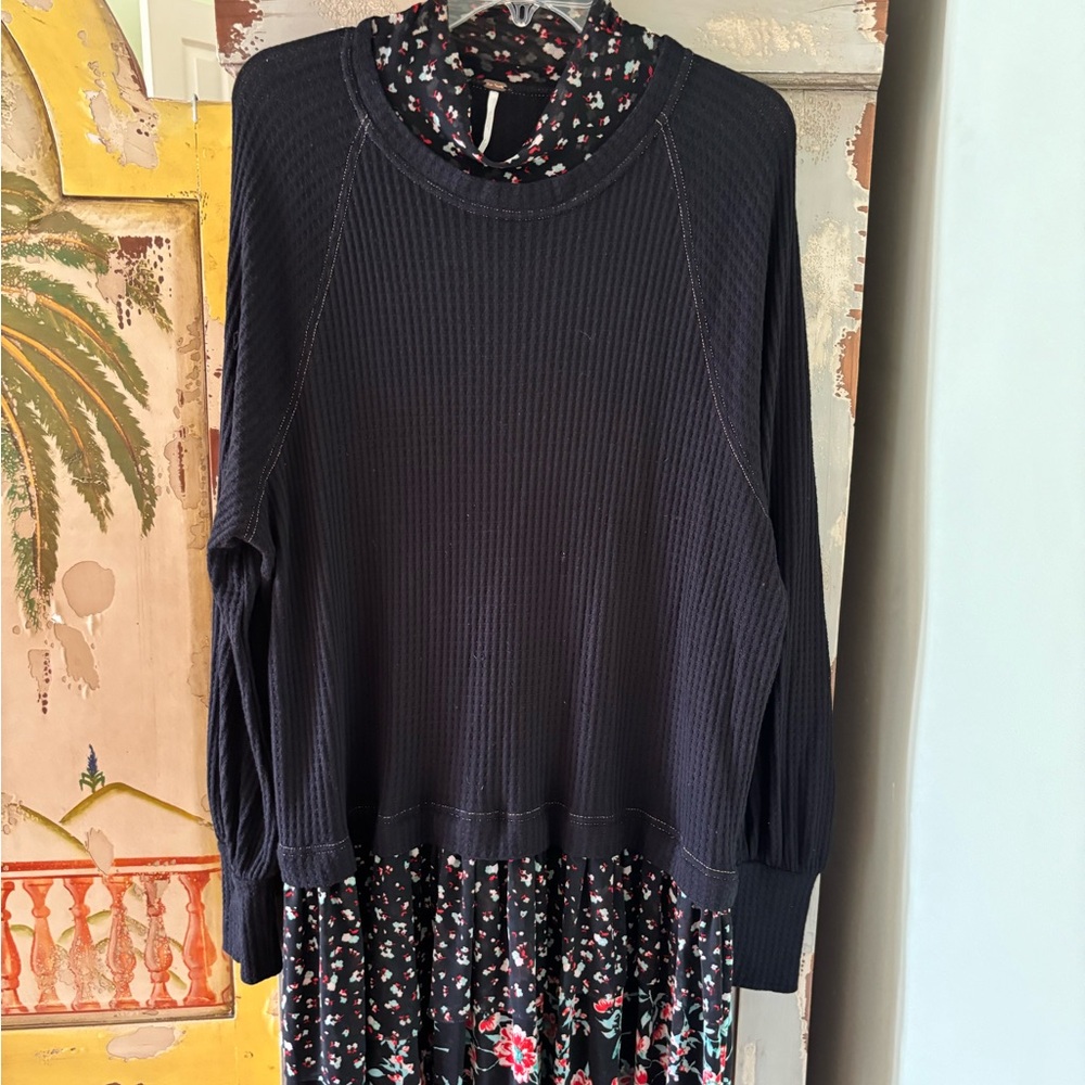 Free People Black Layered Mini Dress with Floral Skirt